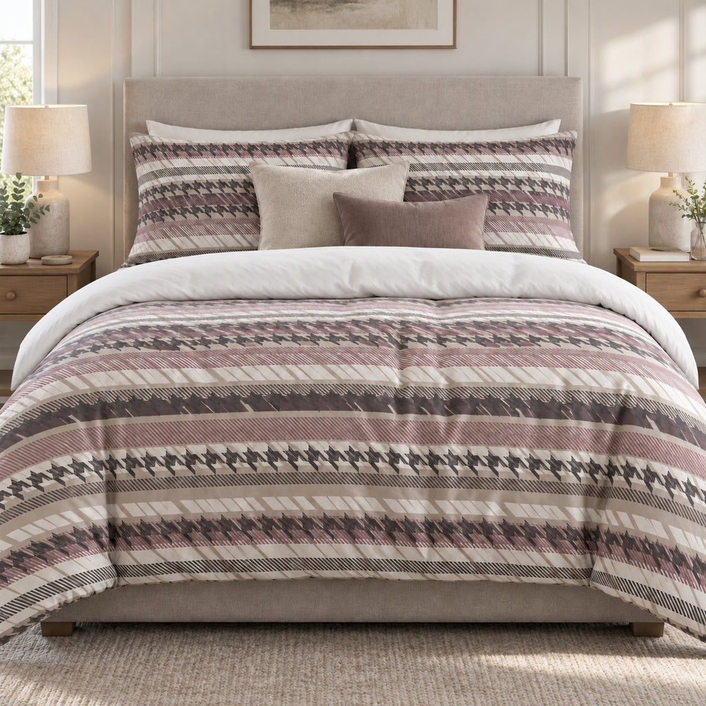 Mauve Houndstooth Stripe duvet cover set, front view showing charcoal houndstooth and dusty-rose stripes