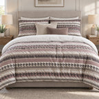 Mauve Houndstooth Stripe duvet cover set, front view showing charcoal houndstooth and dusty-rose stripes
