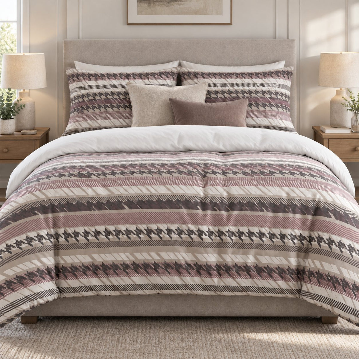 Mauve Houndstooth Stripe duvet cover set, front view showing charcoal houndstooth and dusty-rose stripes