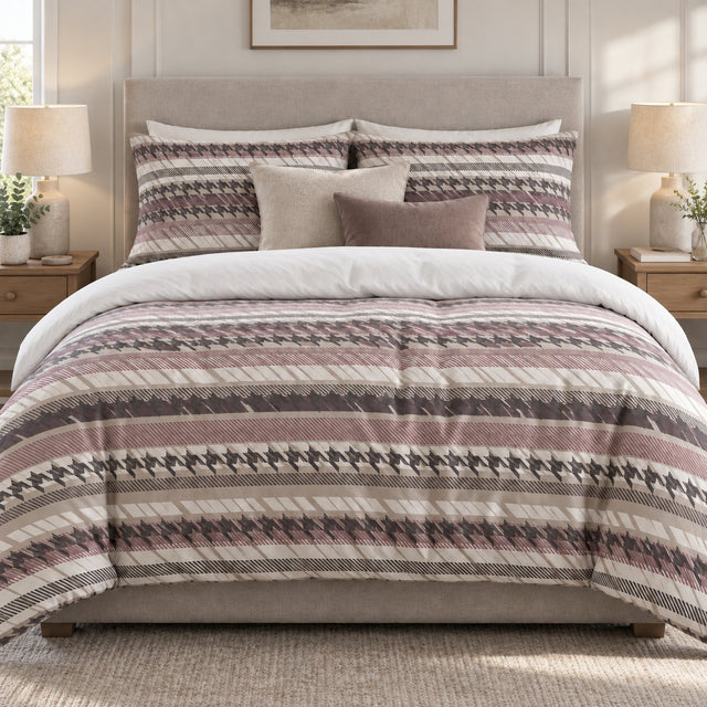 Mauve Houndstooth Stripe duvet cover set, front view showing charcoal houndstooth and dusty-rose stripes