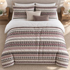 Mauve Houndstooth Stripe duvet cover set, overhead view showing houndstooth, hatched and taupe stripe bands