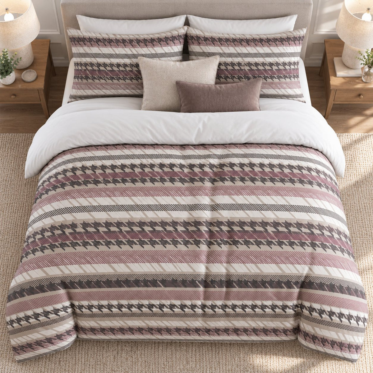 Mauve Houndstooth Stripe duvet cover set, overhead view showing houndstooth, hatched and taupe stripe bands