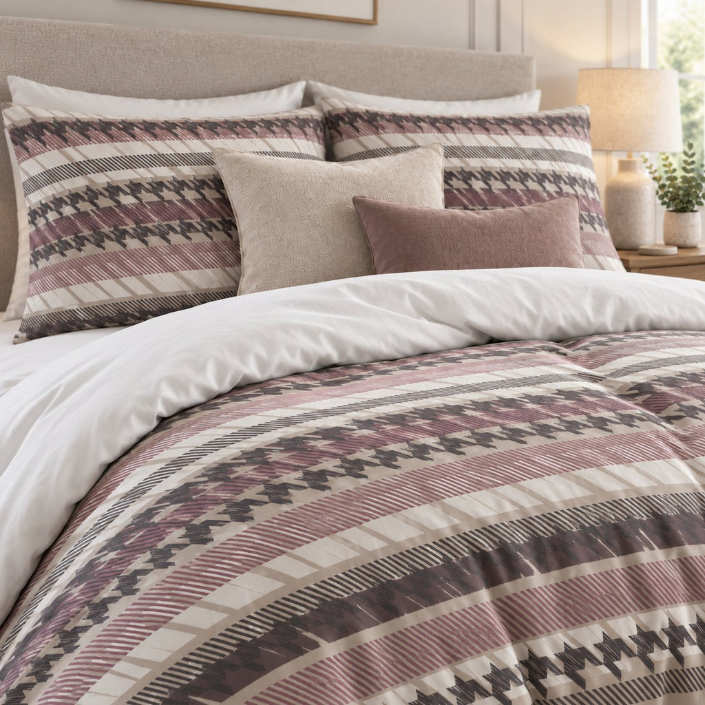 Mauve Houndstooth Stripe duvet cover set, pillowcase detail showing houndstooth pillowcases with oatmeal and mauve cushions