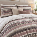 Mauve Houndstooth Stripe duvet cover set, pillowcase detail showing houndstooth pillowcases with oatmeal and mauve cushions