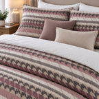 Mauve Houndstooth Stripe duvet cover set, print detail showing charcoal houndstooth rows between dusty-rose hatched bands