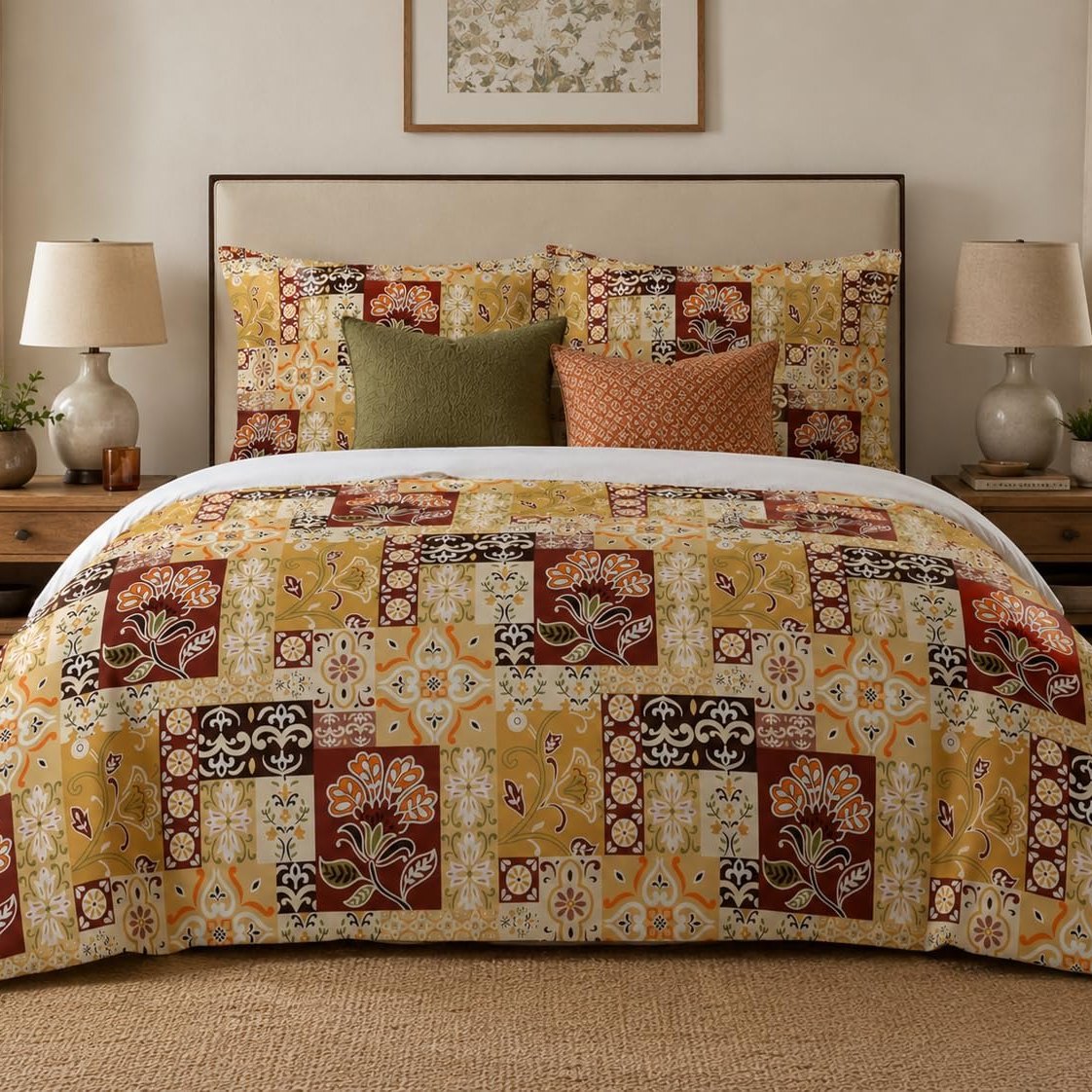 Mediterranean Tile Patchwork duvet cover set, front view showing mustard and burgundy tiles with Jacobean flowers
