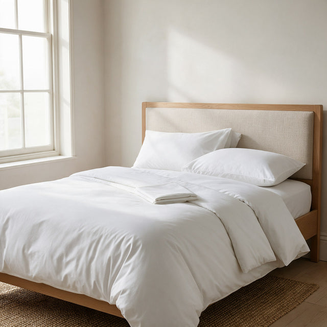 Microfibre Pillow Protectors on pillows on a made bed with an oat linen headboard