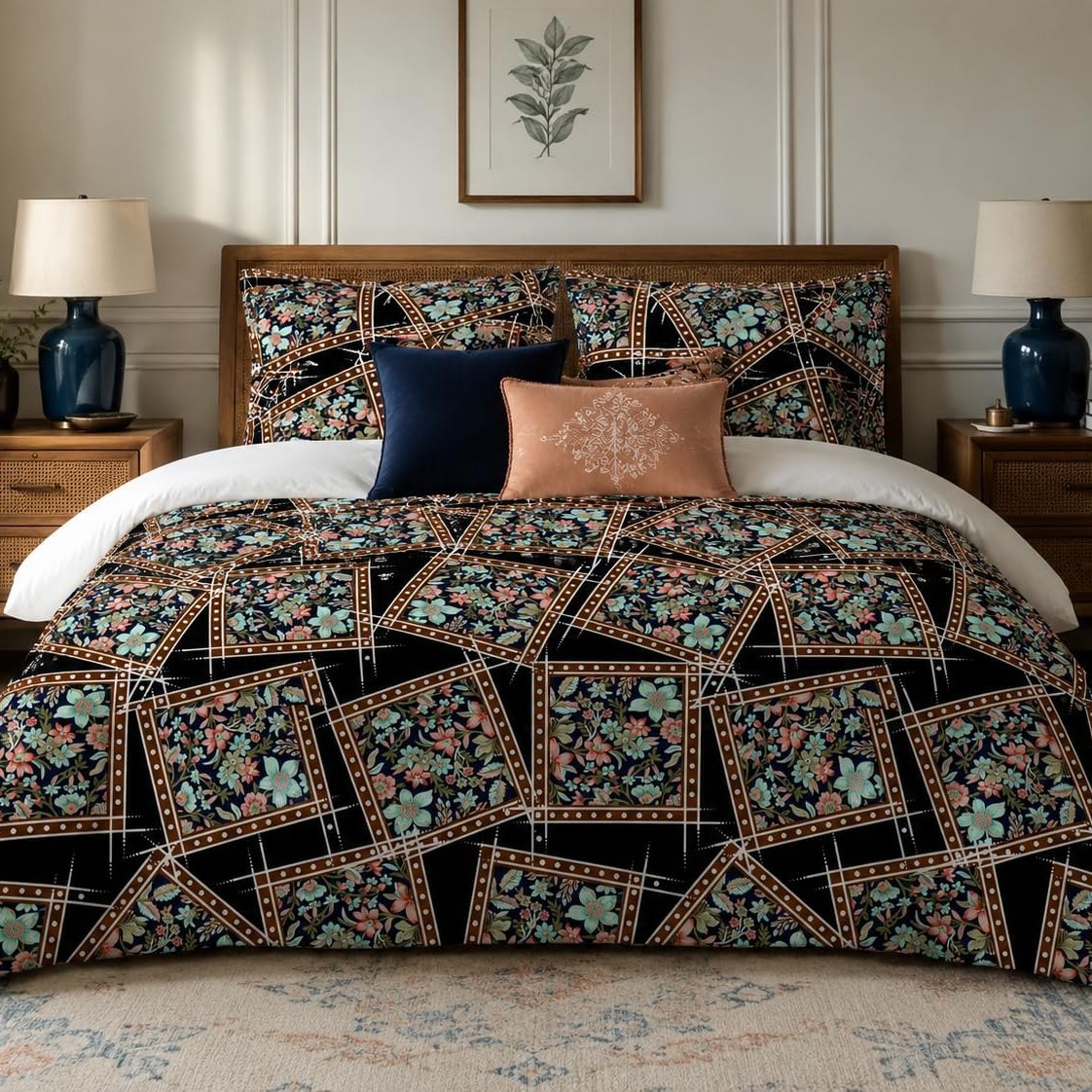 Midnight Floral Patchwork duvet cover set, front view showing tilted floral squares in copper frames on black