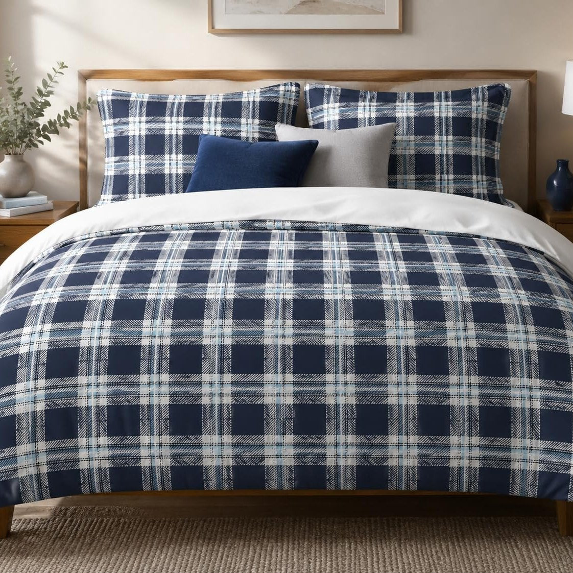Midnight Plaid duvet cover set, front view showing navy squares framed by white and sky-blue bands on a walnut bed