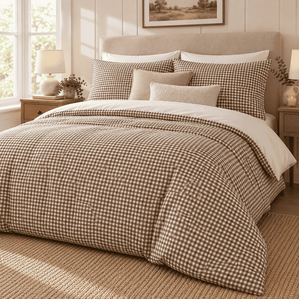 Mocha Gingham duvet cover set, angled view showing the mocha check draped beside panelled walls and a window