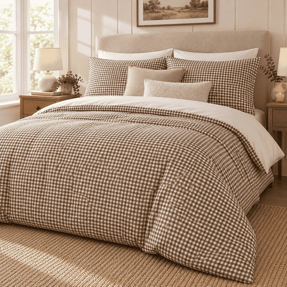Mocha Gingham duvet cover set, angled view showing the mocha check draped beside panelled walls and a window