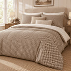 Mocha Gingham duvet cover set, angled view showing the mocha check draped beside panelled walls and a window