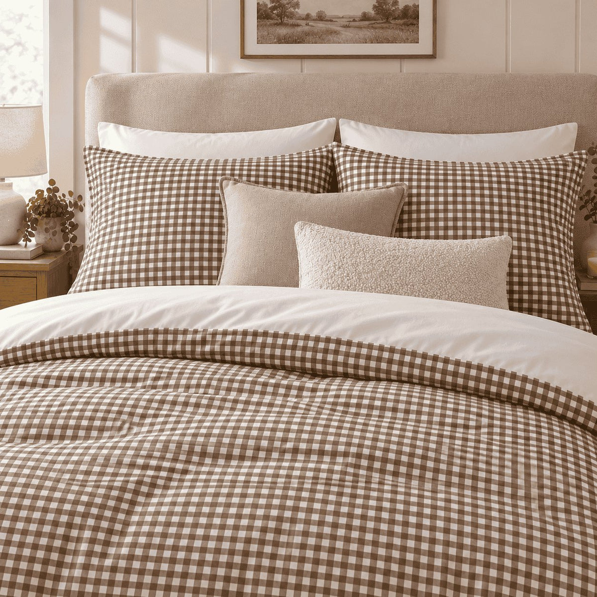 Mocha Gingham duvet cover set, close-up of pillowcases showing pillowcases behind taupe and cream bouclé cushions