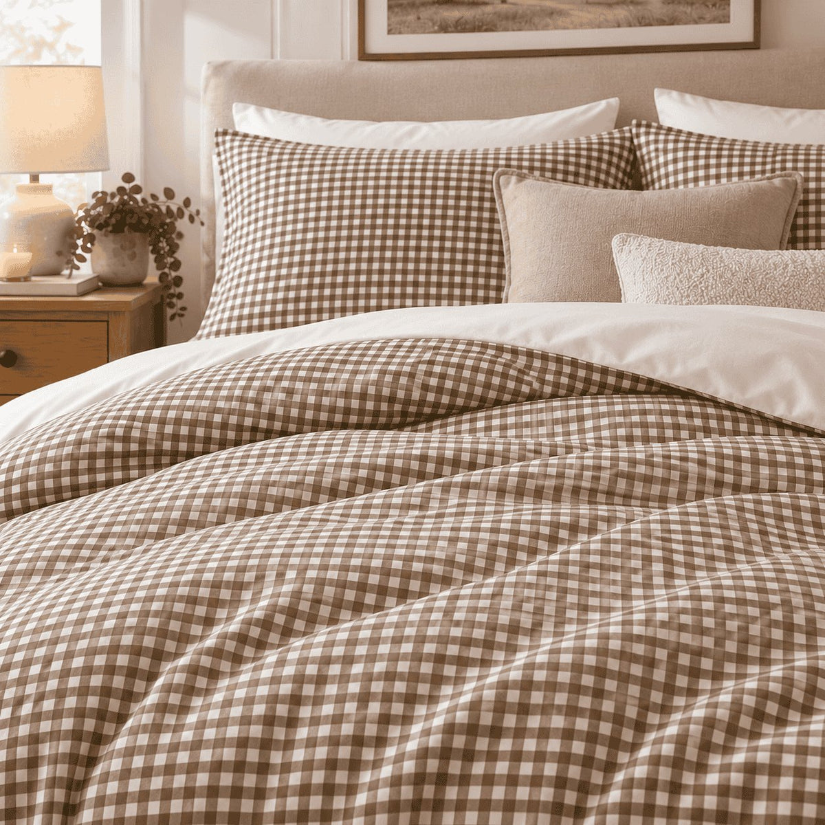 Mocha Gingham duvet cover set, close-up of print showing the brown and cream check across the duvet folds