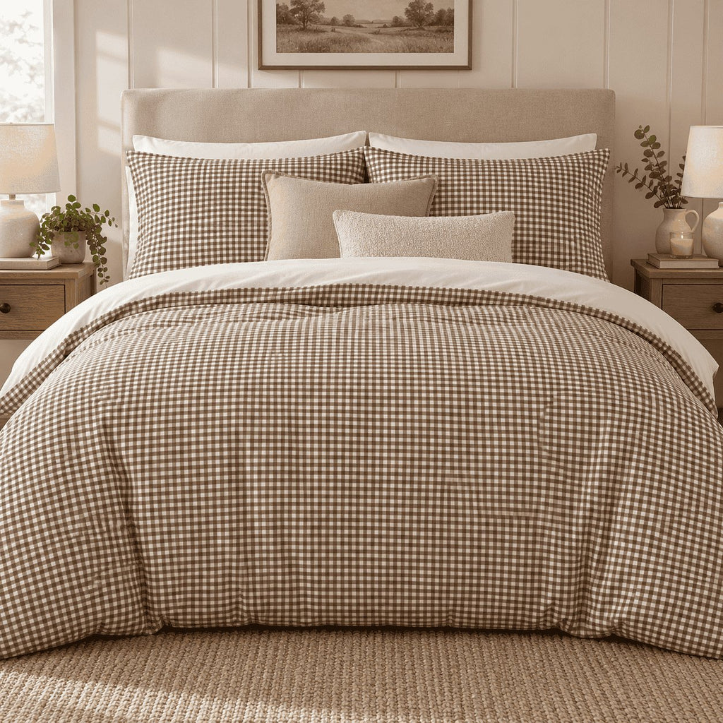 Mocha Gingham duvet cover set, front view showing the mocha check with taupe and cream cushions on white pillows