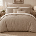 Mocha Gingham duvet cover set, front view showing the mocha check with taupe and cream cushions on white pillows