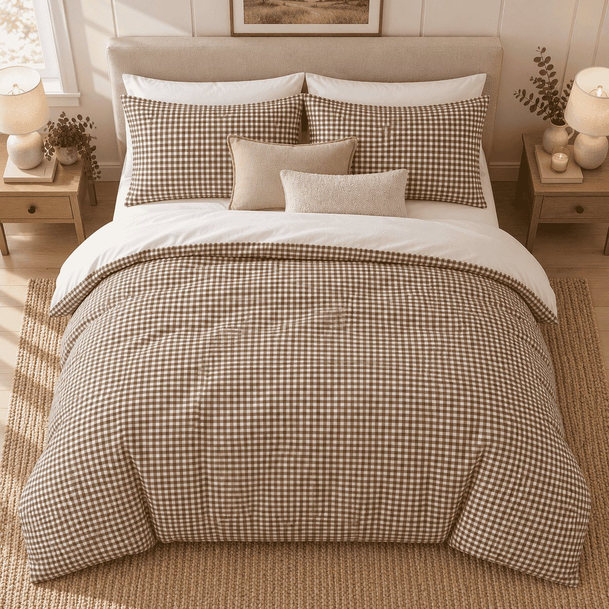 Mocha Gingham duvet cover set, overhead view showing the full bed on a jute rug with oak bedside tables