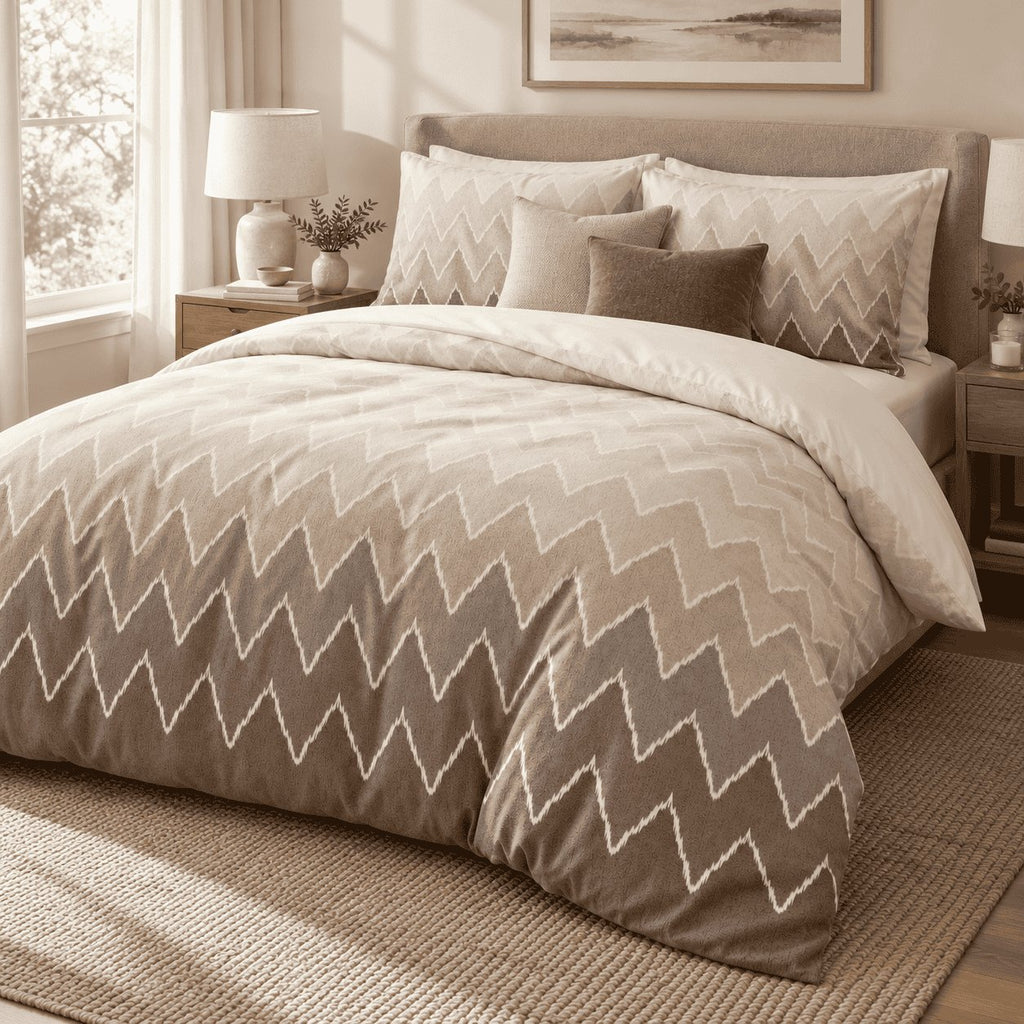Mocha Ombre Chevron duvet cover set, angled view showing the ombre chevron print beside a window