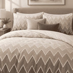 Mocha Ombre Chevron duvet cover set, close-up of ombre chevron pillowcases with oatmeal and mocha cushions