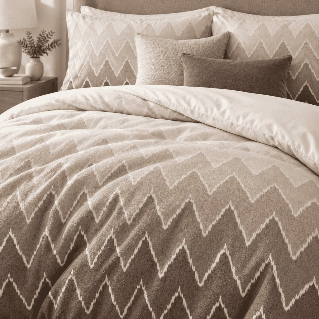 Mocha Ombre Chevron duvet cover set, close-up showing feathered white zigzags on a taupe ground