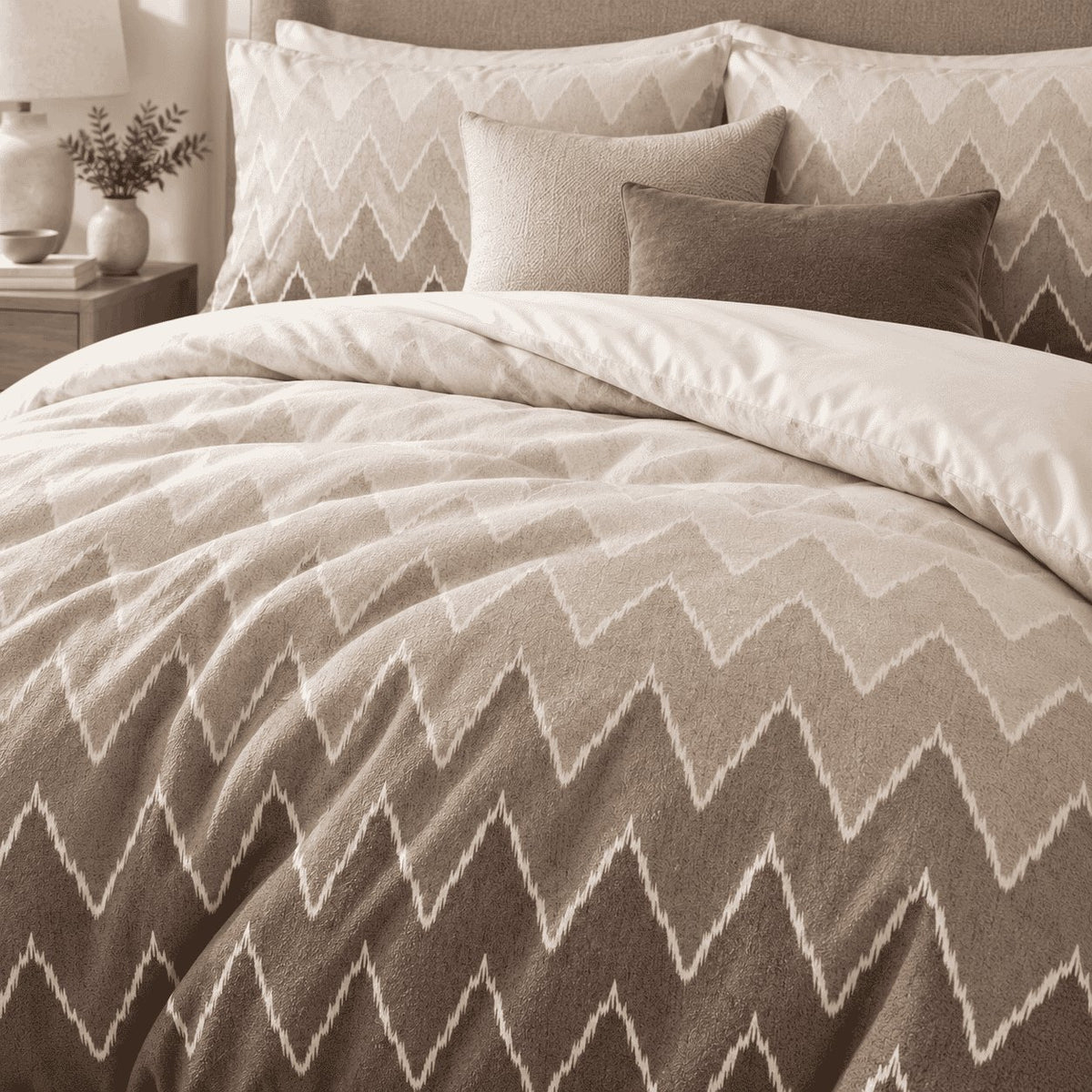 Mocha Ombre Chevron duvet cover set, close-up showing feathered white zigzags on a taupe ground