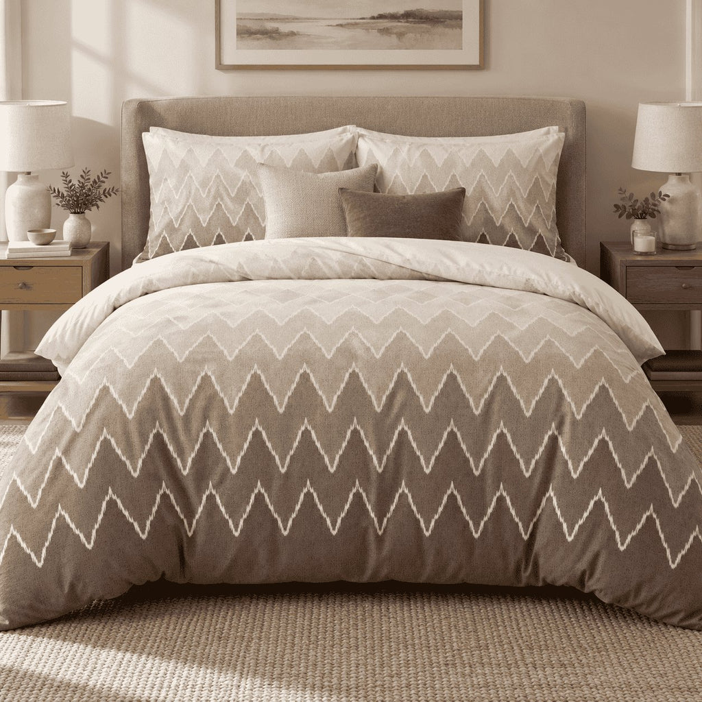 Mocha Ombre Chevron duvet cover set, front view showing cream to mocha ombre with white zigzags