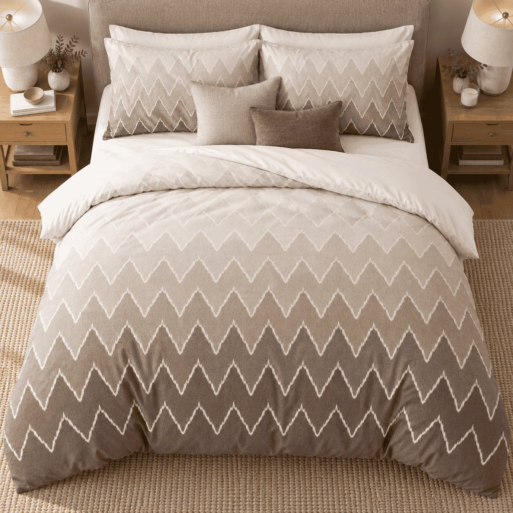 Mocha Ombre Chevron duvet cover set, overhead view showing the full ombre fade with oatmeal and mocha cushions