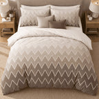 Mocha Ombre Chevron duvet cover set, overhead view showing the full ombre fade with oatmeal and mocha cushions