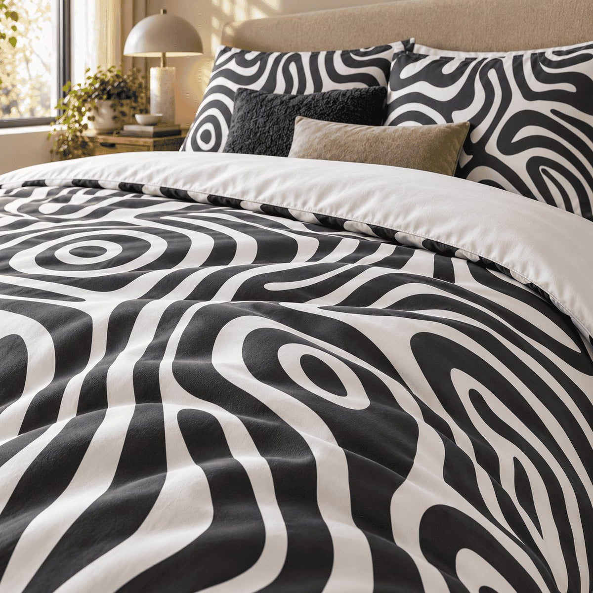 Monochrome Swirl Abstract duvet cover set, close-up showing a bullseye ring and fluid charcoal lines