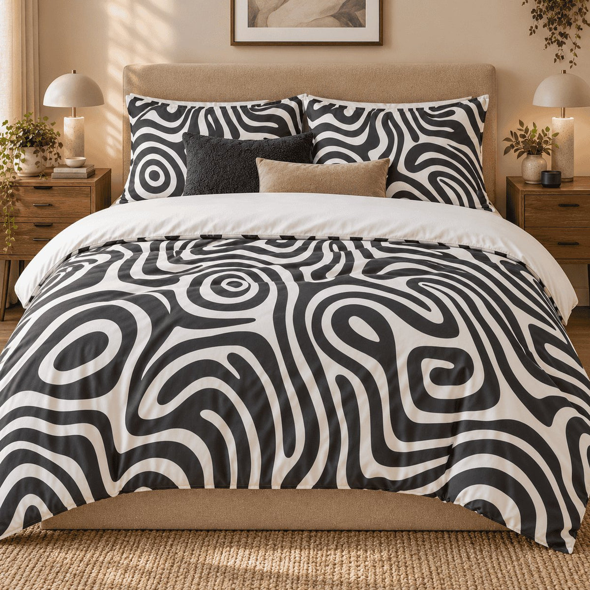 Monochrome Swirl Abstract duvet cover set, front view showing charcoal and ivory swirls on a boucle bed with dome lamps