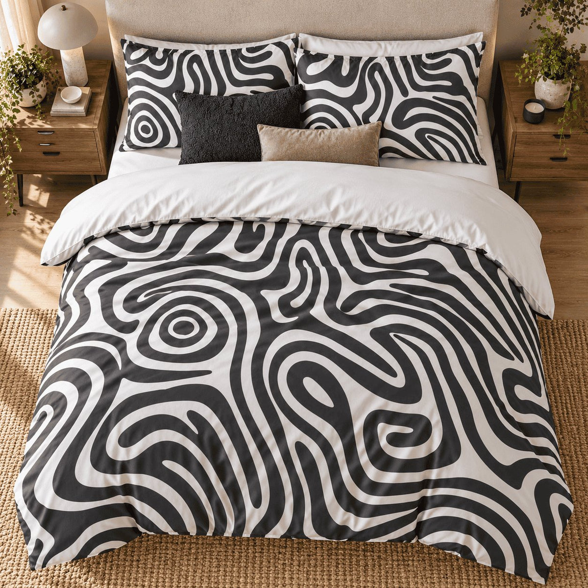 Monochrome Swirl Abstract duvet cover set, overhead view showing the full charcoal and ivory swirl print