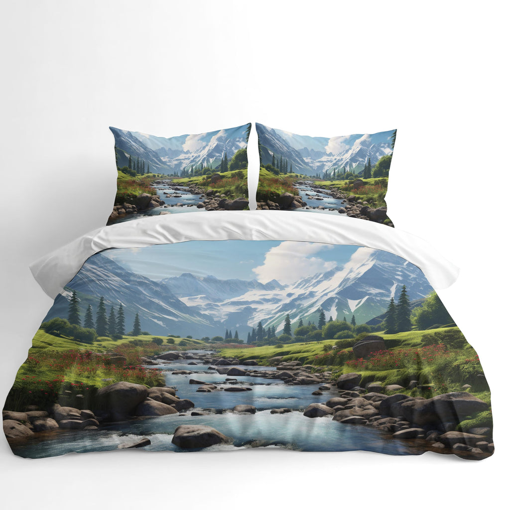 Botanical Duvet Cover Set – Mountain River Landscape