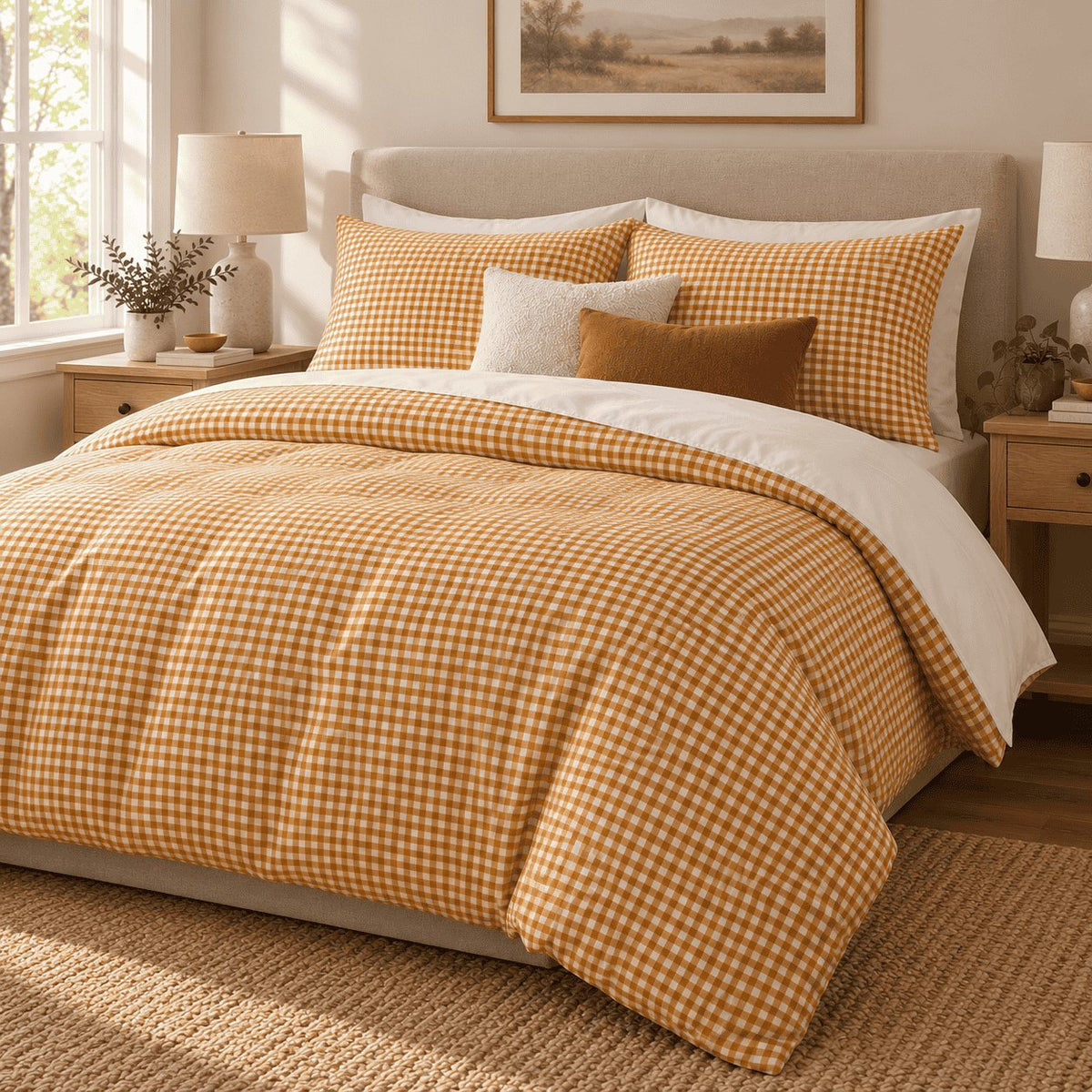 Mustard Gingham duvet cover set, angled view showing the mustard check draped to the floor by a window