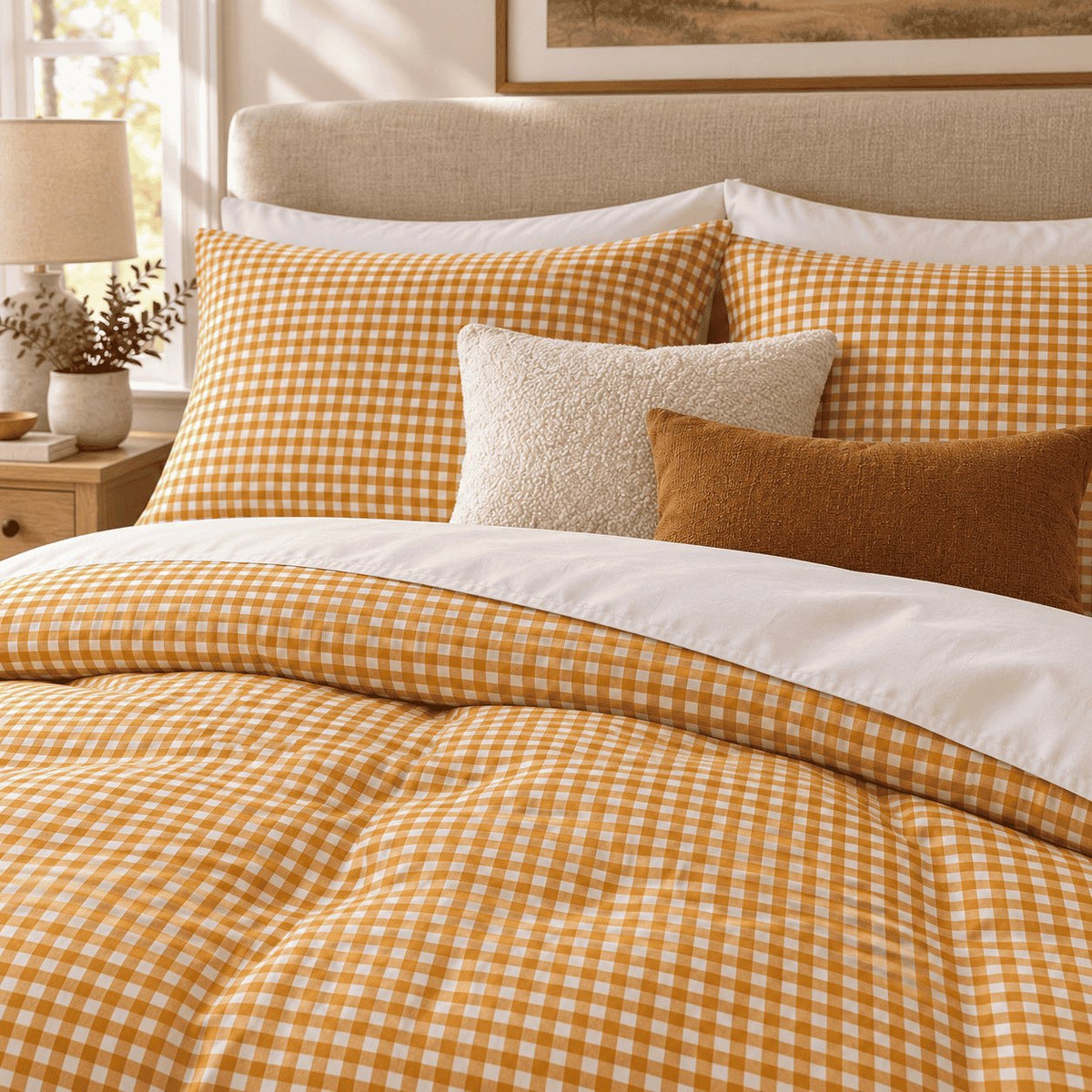 Mustard Gingham duvet cover set, close-up of pillowcases showing mustard gingham pillowcases behind cream and rust cushions
