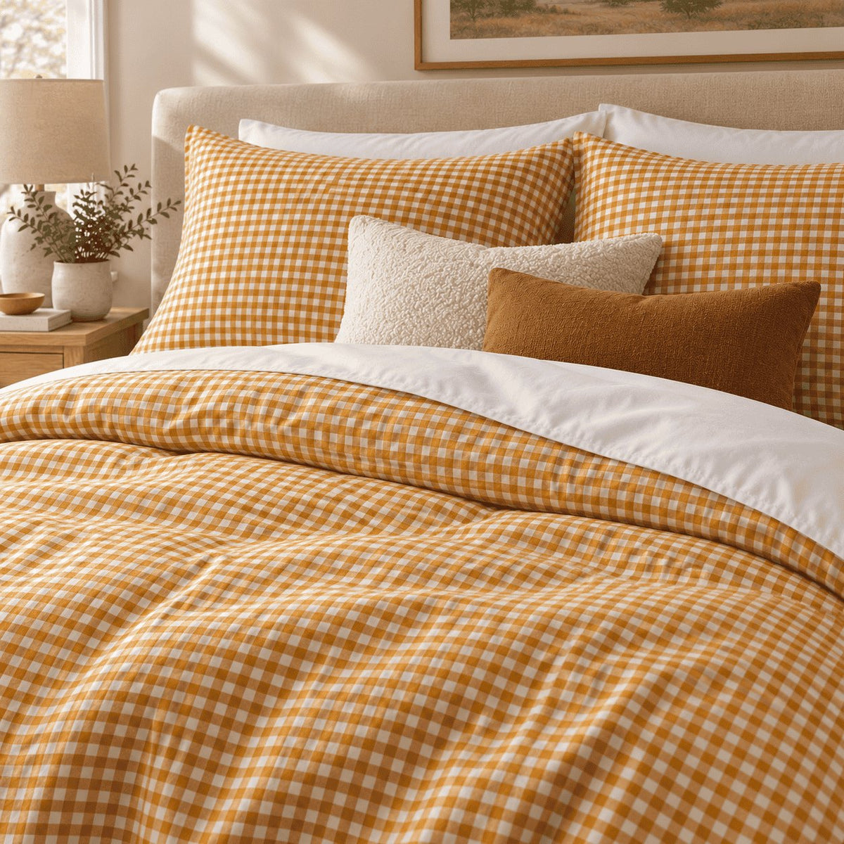 Mustard Gingham duvet cover set, close-up of print showing the ochre and white check across the duvet folds