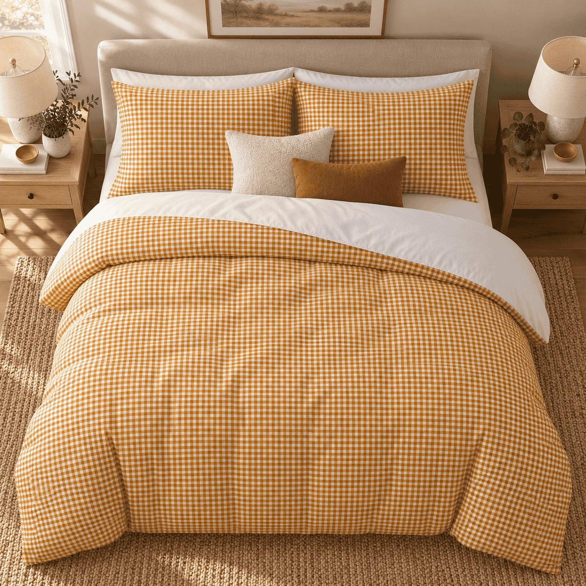 Mustard Gingham duvet cover set, overhead view showing the full bed on a jute rug with oak bedside tables