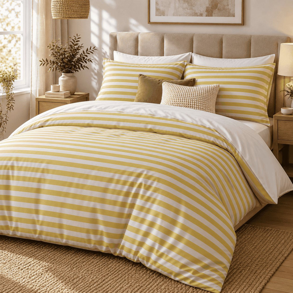 Mustard Yellow Stripe duvet cover set, angled view showing mustard yellow deckchair stripes and a white turndown