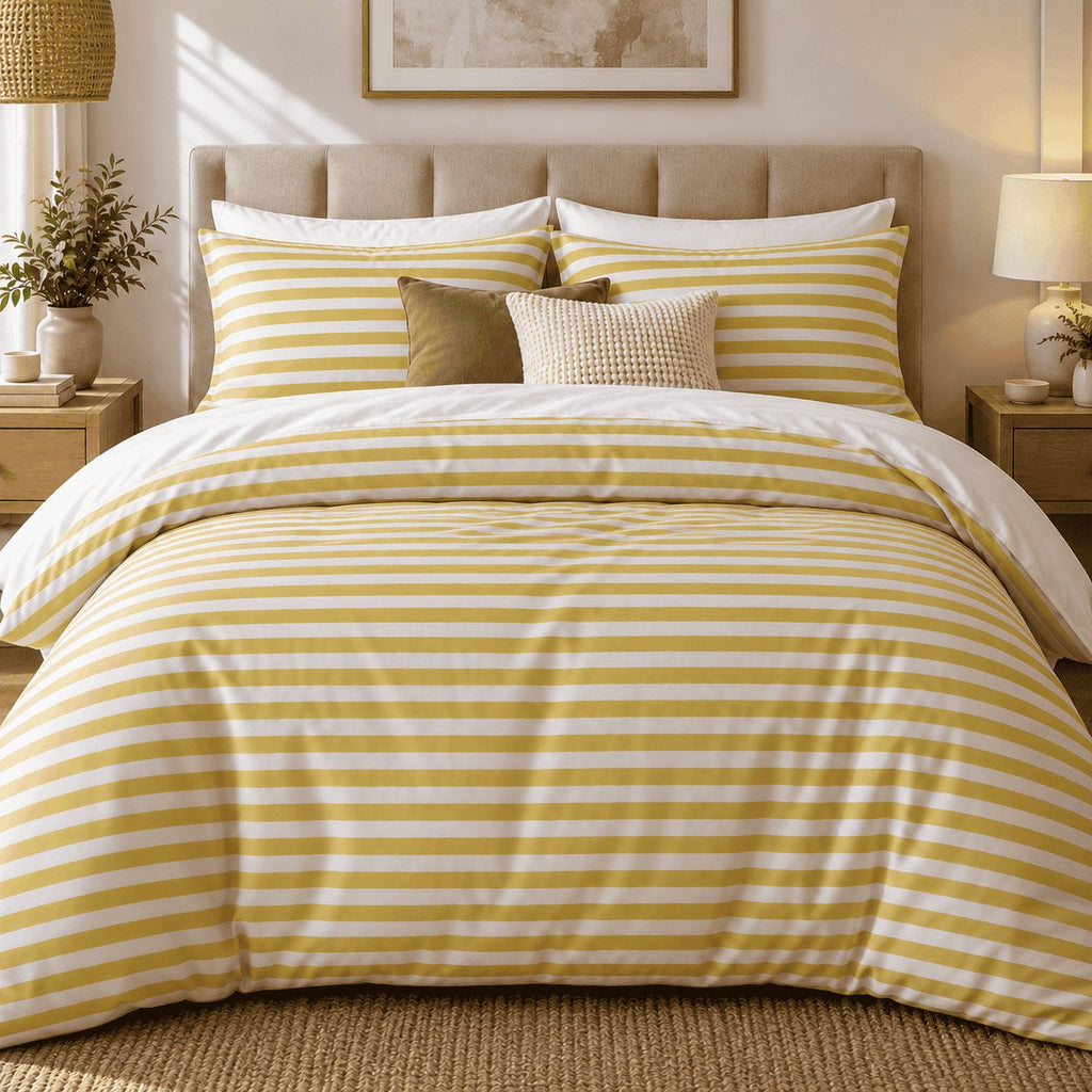 Mustard Yellow Stripe duvet cover set, front view showing even mustard and white stripes, olive and cream cushions