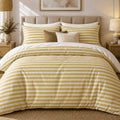 Mustard Yellow Stripe duvet cover set, front view showing even mustard and white stripes, olive and cream cushions