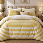 Mustard Yellow Stripe duvet cover set, front view showing even mustard and white stripes, olive and cream cushions