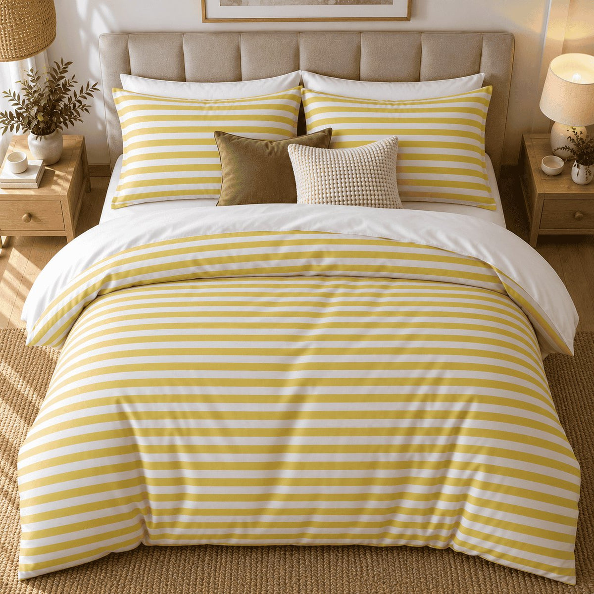 Mustard Yellow Stripe duvet cover set, overhead view showing equal mustard and white stripes