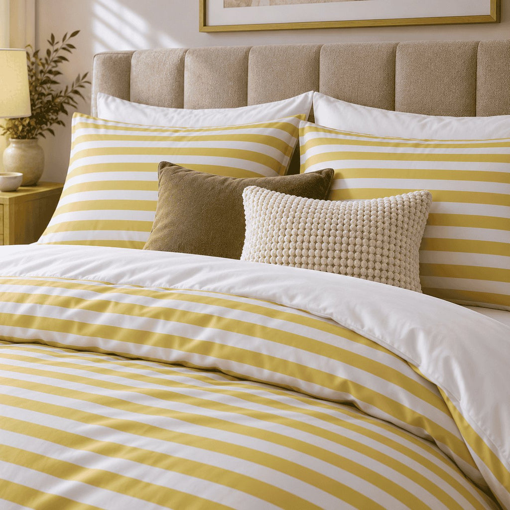 Mustard Yellow Stripe duvet cover set, pillowcase detail showing striped pillowcases with olive and cream bobble cushions