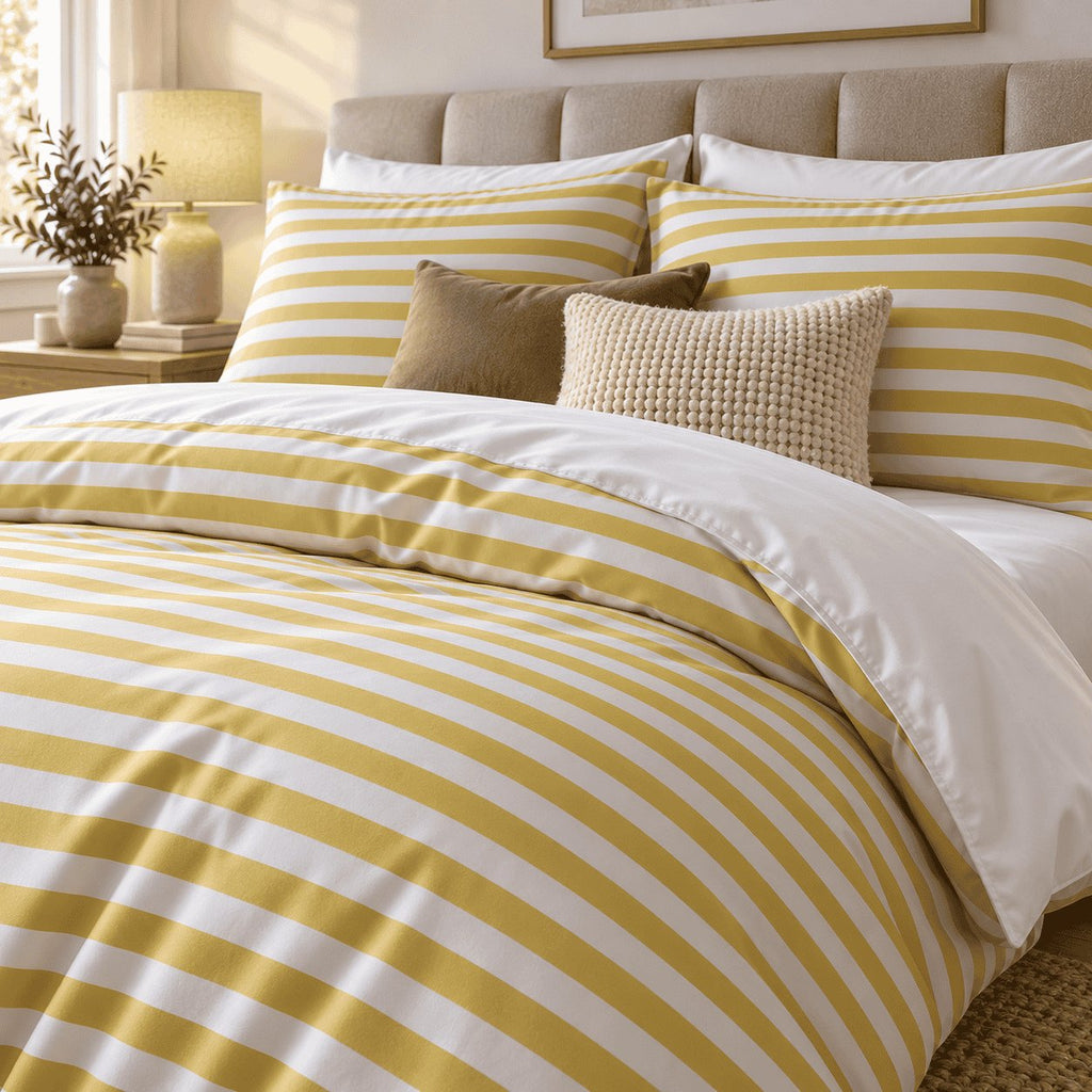 Mustard Yellow Stripe duvet cover set, turndown detail showing mustard stripes with the white reverse folded back