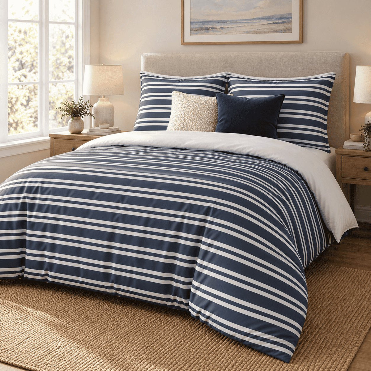 Navy Breton Stripe duvet cover set, angled view showing white Breton stripes on navy under a coastal print