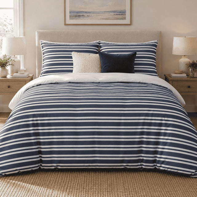 Navy Breton Stripe duvet cover set, front view showing paired white stripes on navy, cream and navy cushions
