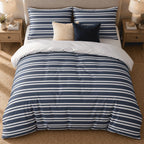 Navy Breton Stripe duvet cover set, overhead view showing thin and medium white stripes on navy