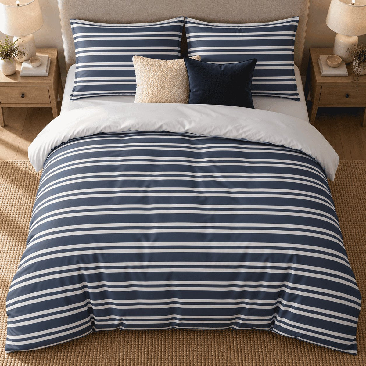Navy Breton Stripe duvet cover set, overhead view showing thin and medium white stripes on navy