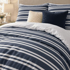 Navy Breton Stripe duvet cover set, turndown detail showing white stripes on navy with the plain white reverse turned down