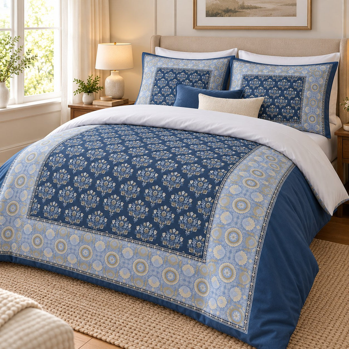 Navy Cornflower Framed Heritage duvet cover set, angled view showing the cornflower border and solid blue edge