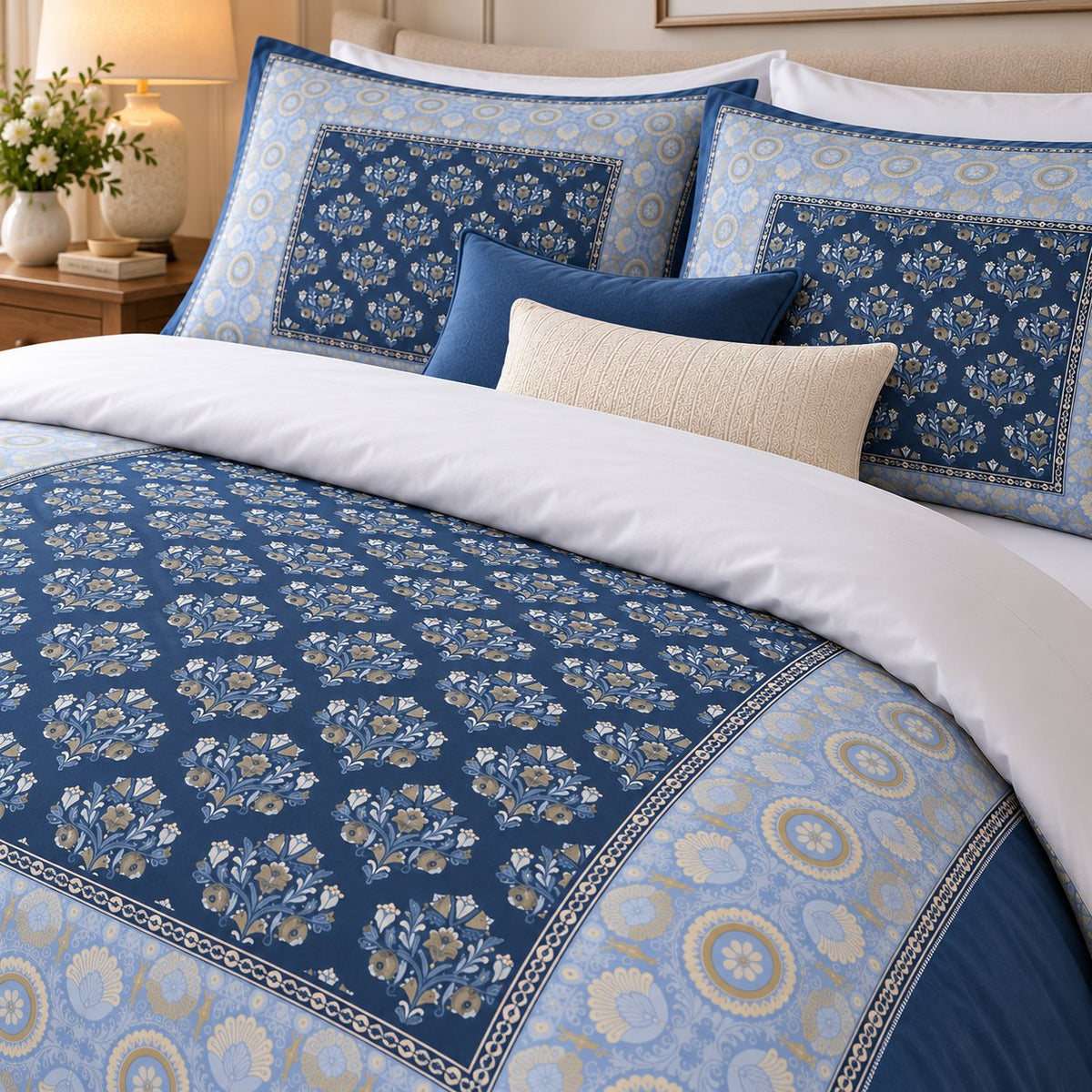Navy Cornflower Framed Heritage duvet cover set, border detail showing navy bouquets meeting the cornflower rosette border